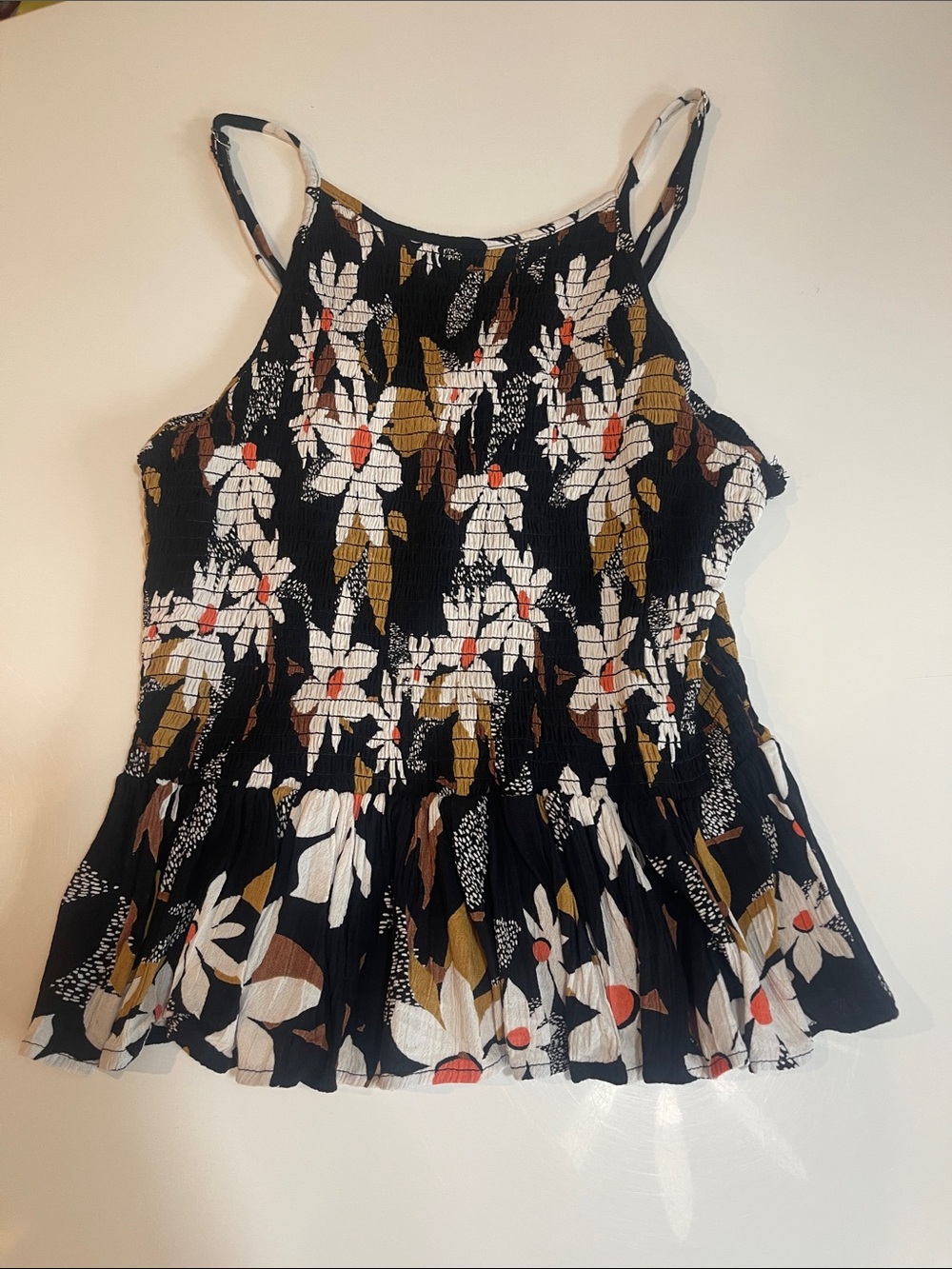 Angie Black Floral Smocked Camisole with White and Brown Blooms